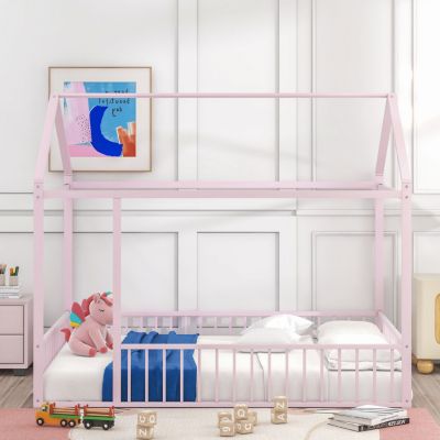 Streamdale Metal House Bed Frame with Fence for Kids