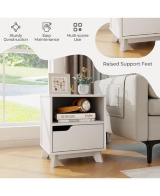 Mid Century Modern Bedside Table with Storage Drawer and Open Shelf-White