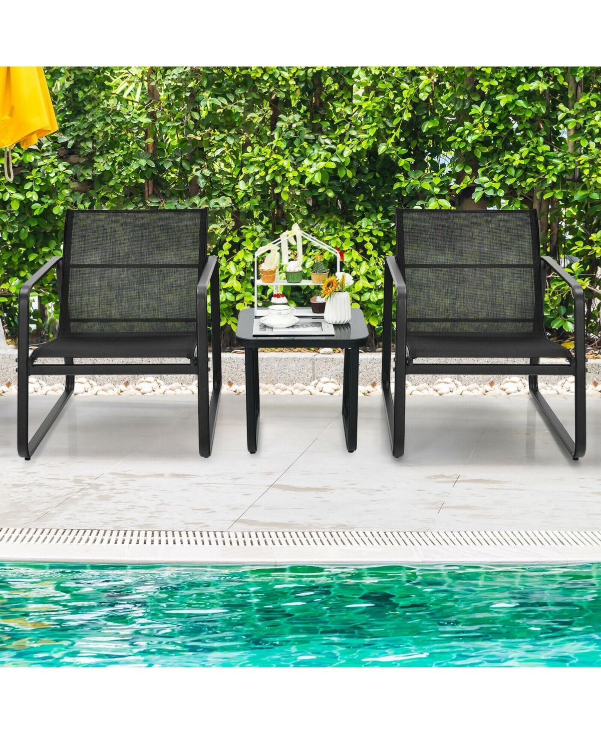 Slickblue 3 Pieces Patio Bistro Furniture Set with Glass Top Table Garden Deck-Black