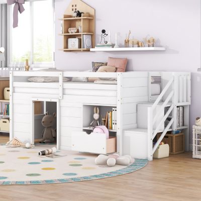 Twin Loft Bed with Stair, Drawer & Shelf