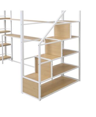 Simplie Fun Twin Size Metal Loft Bed With Staircase, Built-In Desk And Storage Shelves