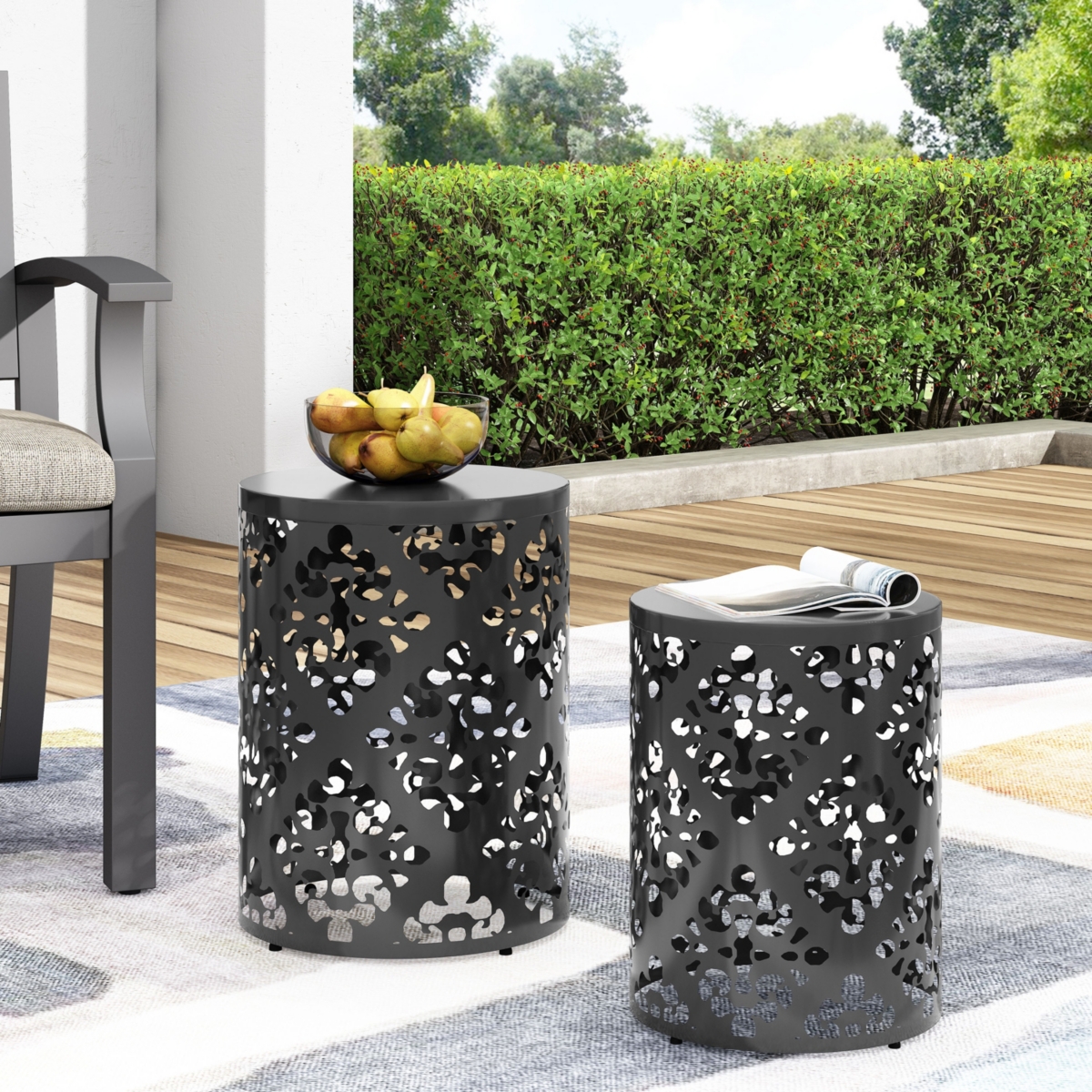 Elegant Iron Cut Side Table Set with Cylindrical Structure