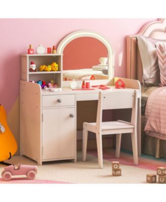Kids Vanity Table and Chair Set with Shelves Drawer and Cabinet