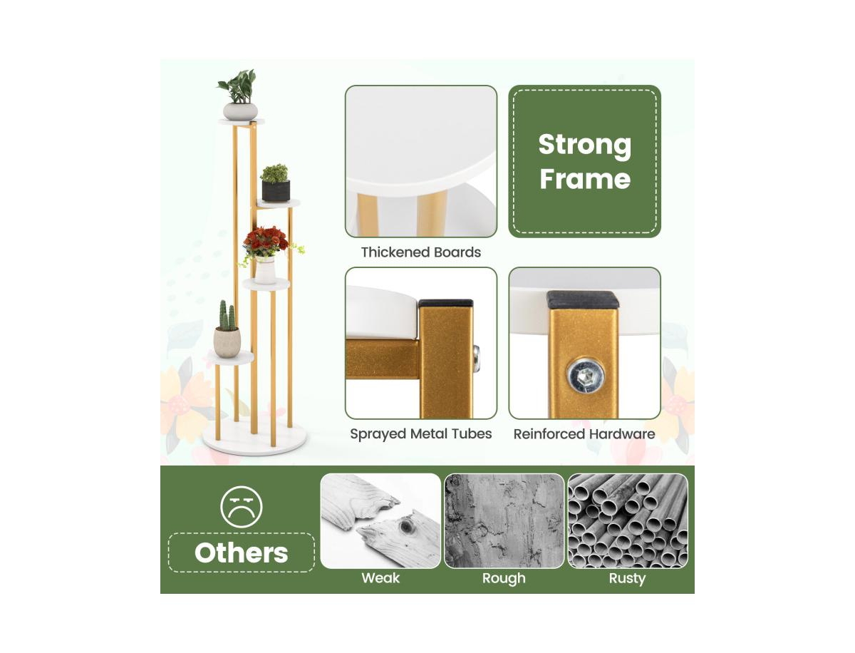 Slickblue Indoor Metal Plant Stand Corner Plant Shelf for Potted Plant with Golden Metal Frame- White