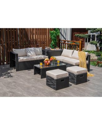 8PCS Patio Rattan Furniture Set Storage Table Ottoman