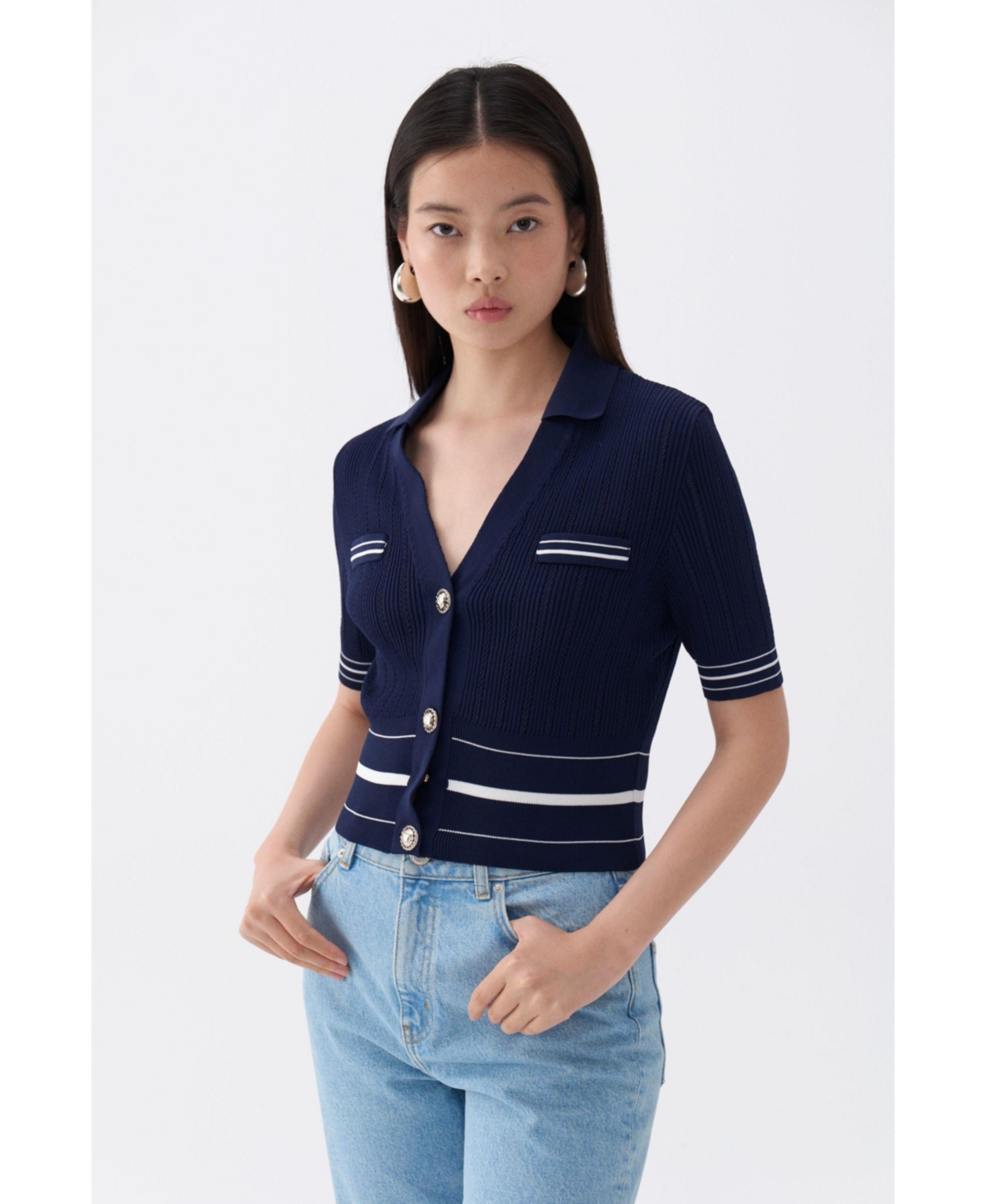 Women's Short Sleeve Buttoned Knit Cardigan - Navy blue