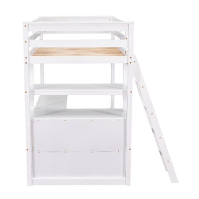 Twin Size Loft Bed With Desk And Shelves, Two Built-In Drawers