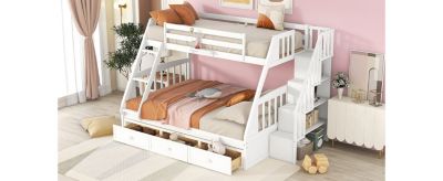 Twin-Over-Full Bunk Bed with Drawers, Ladder and Storage Staircase