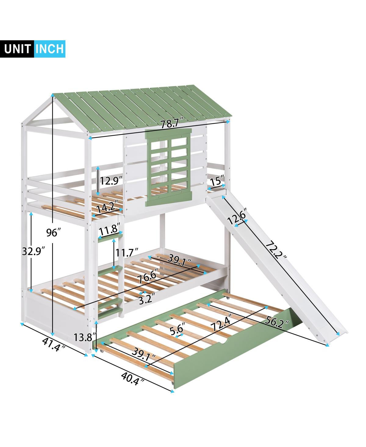 Simplie Fun Twin Over Twin Size House Bunk Bed With Convertible Slide And Trundle