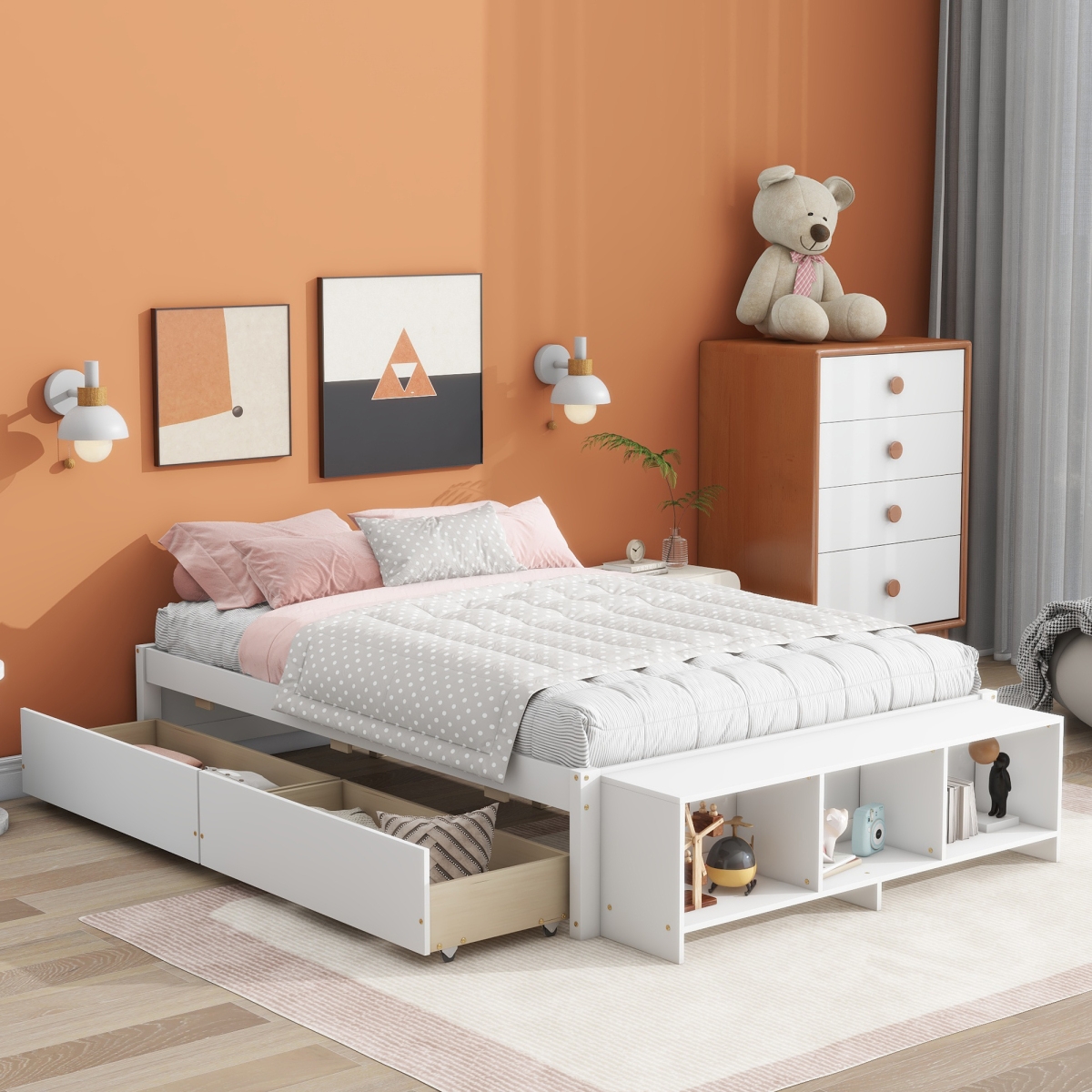 Streamdale Furniture Size Bed With Storage Case, 2 Storage Drawers, Lengthwise Support Slat,- White