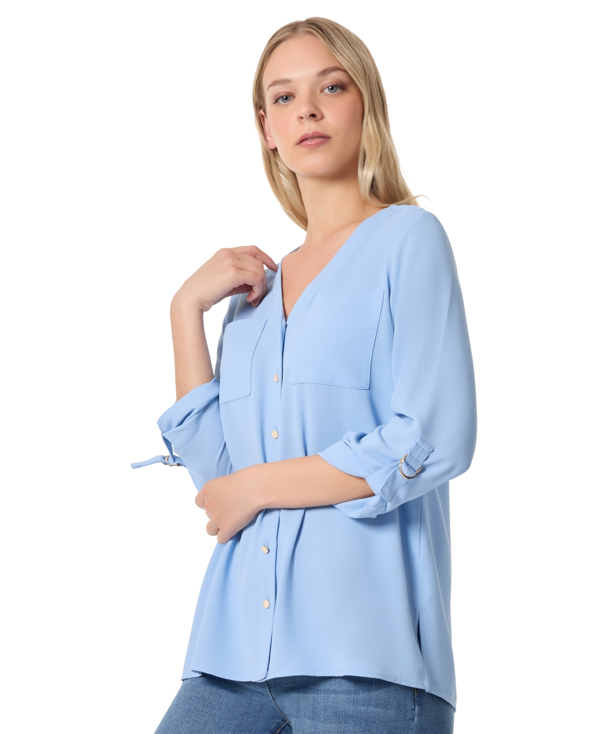 Jones New York Women's Long Sleeve Collarless Tunic with D-Rings Top