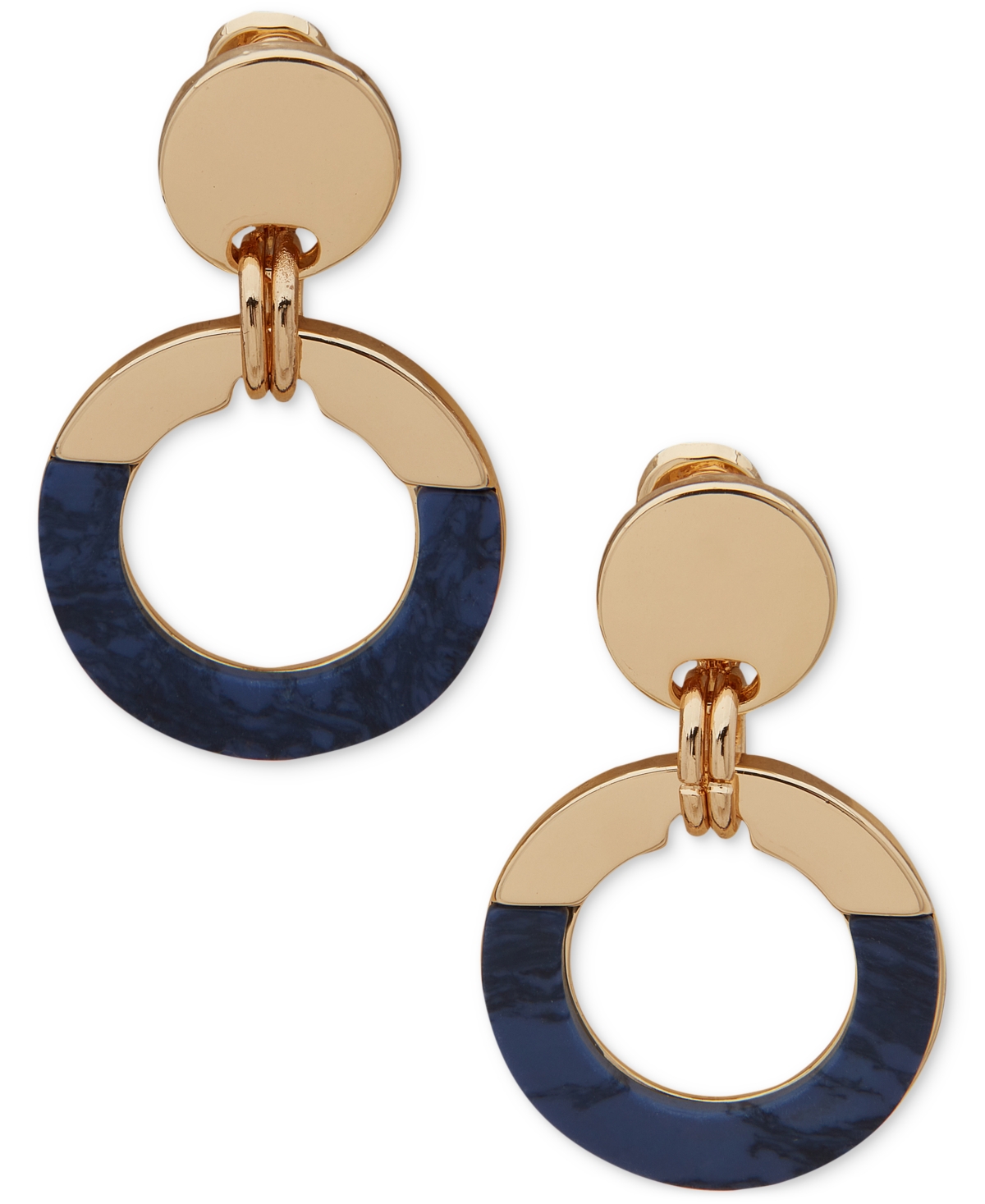 Gold-Tone Stone Inlay Open Ring Clip-On Drop Earrings - Blue