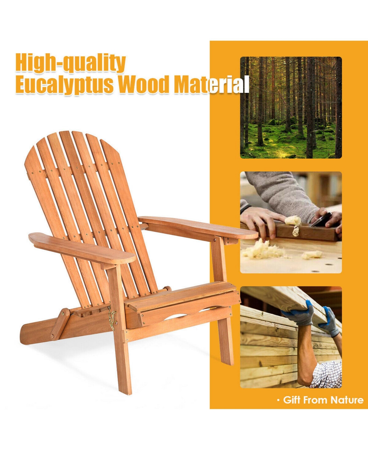 Gymax Pcs Eucalyptus Adirondack Chair Foldable Outdoor Wood Lounger Chair- Natural