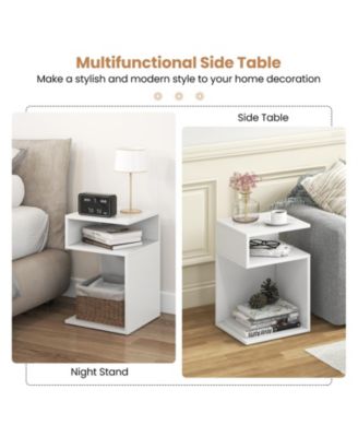 S-Shaped Side Table with Unique S-shaped Frame and 2 Open Compartments-White