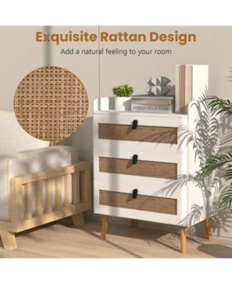 Modern End Table with 3 Rattan Decorated Drawers