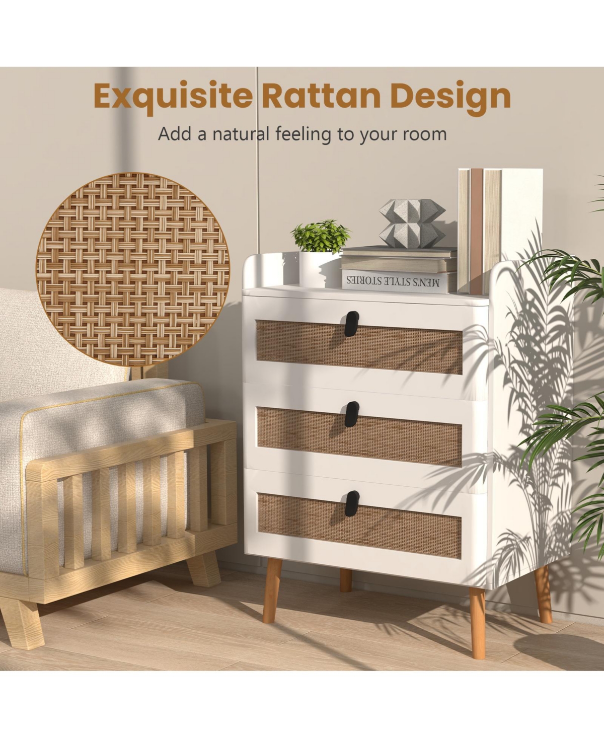 Sugift Modern End Table with 3 Rattan Decorated Drawers