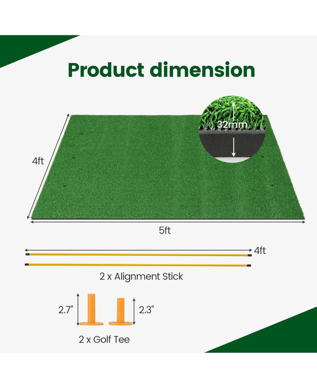 Slickblue Artificial Turf Mat for Indoor and Outdoor Golf Practice Includes 2 Rubber Tees and 2 Alignment Sticks