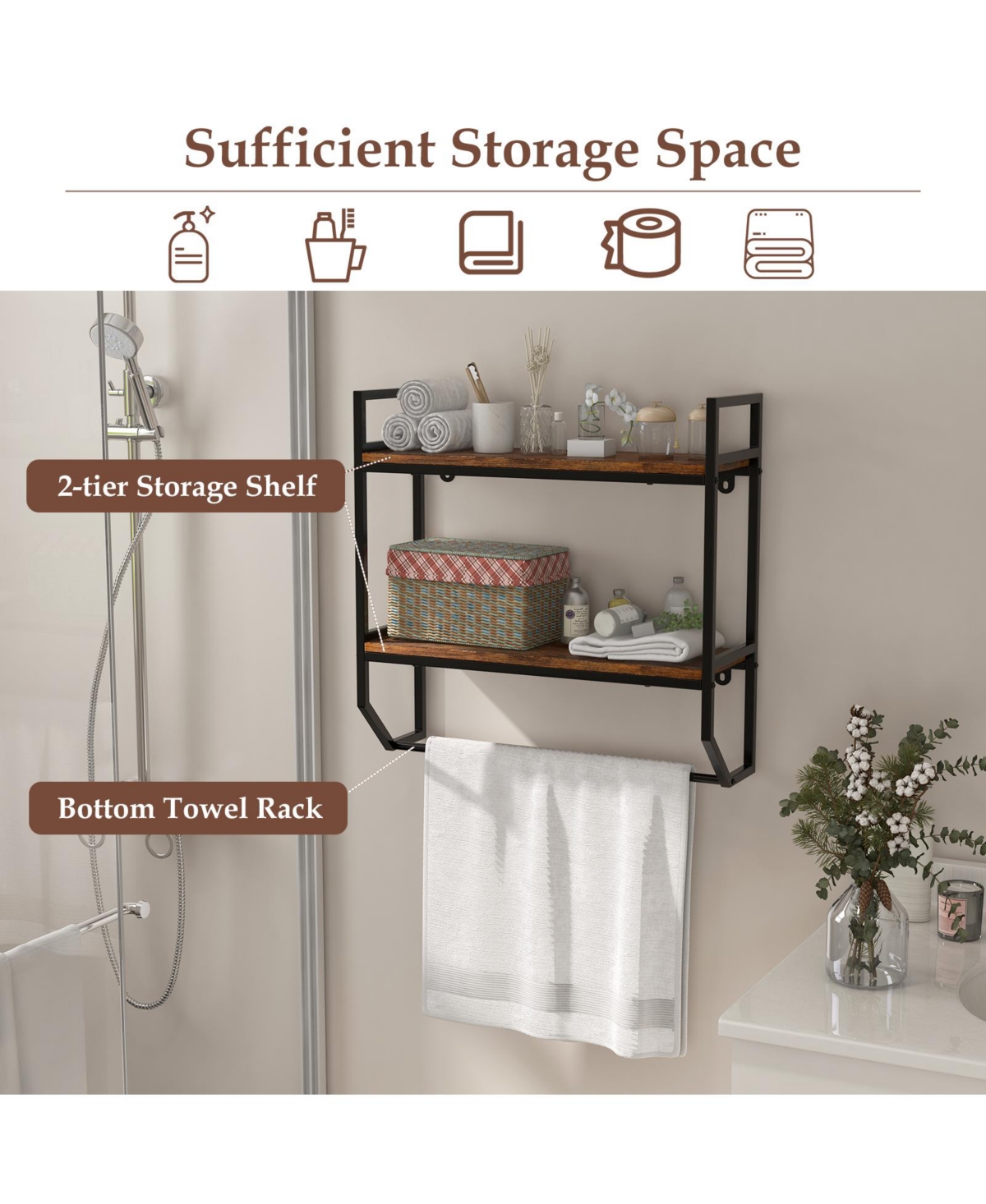 Over the Toilet Shelf Wall Mounted with Metal Frame for Bathroom