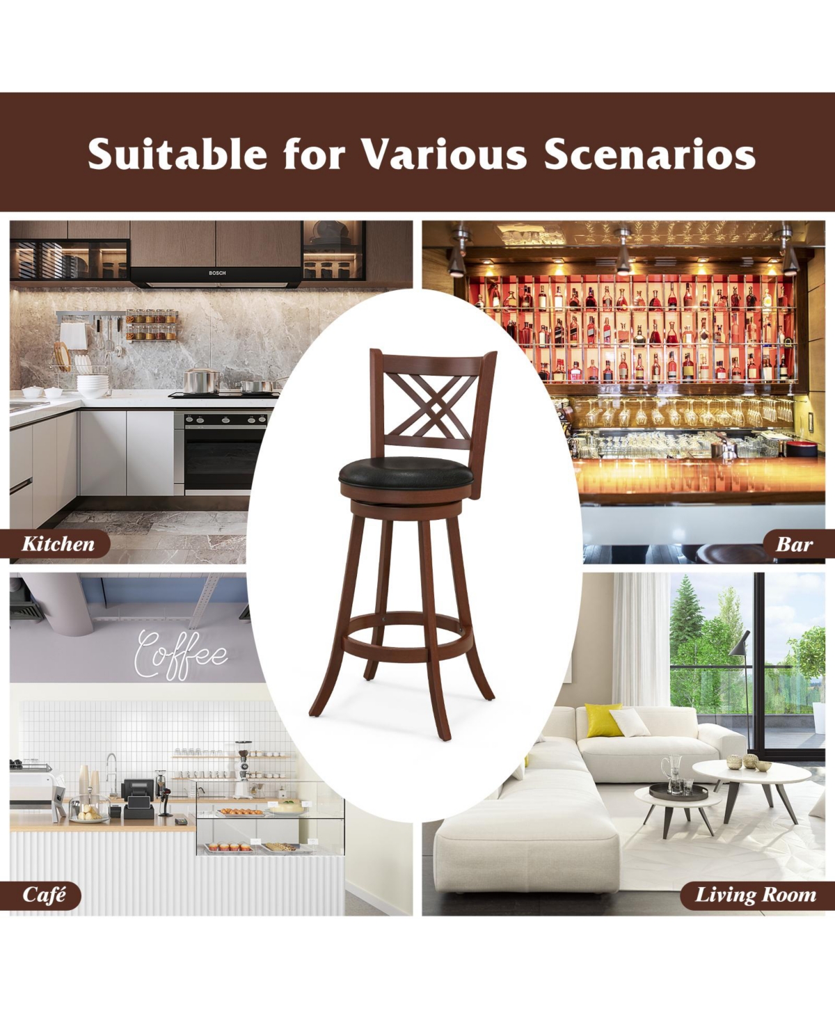 Sugift 360 Swivel Upholstered Barstools Set of 2 with Back and Footrest