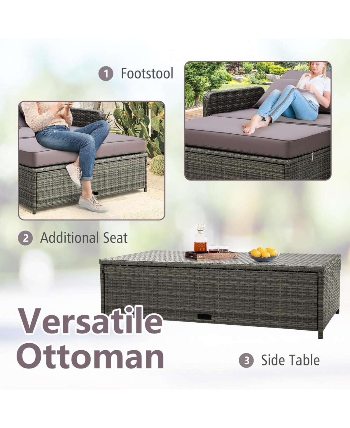 Wicker Loveseat Sofa with Multipurpose Ottoman and Retractable Side Tray