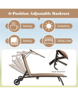 Patio Heavy-Duty Adjustable Chaise Lounge Chair with Canopy Cup holder and Wheels