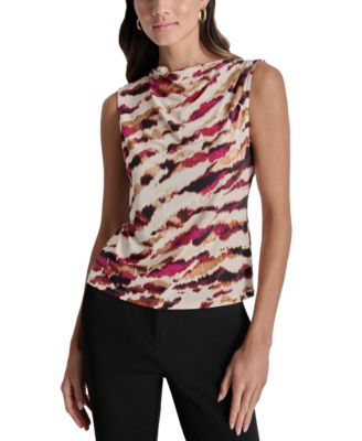 DKNY - Petite Printed Draped-Neck Zipper-Shoulder Top