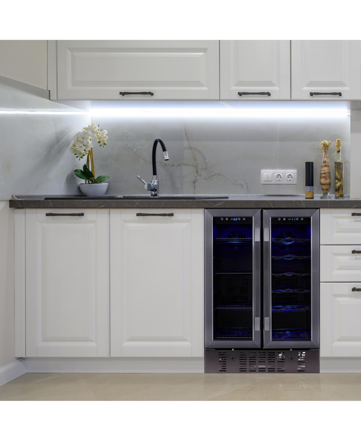 Newair Wine and Beverage Refrigerator and Cooler, 18 Bottle and 60 Can Capacity, Built-in Dual Zone Fridge with French Do