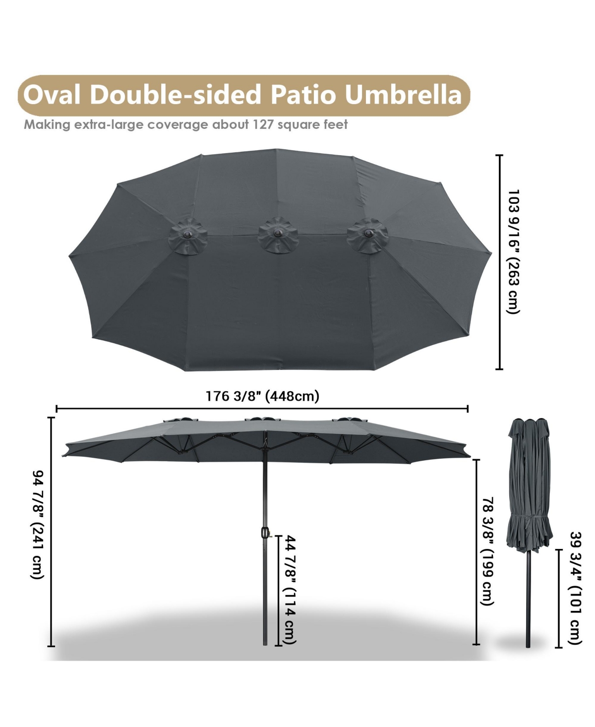 Yescom 14' Double-sided Patio Umbrella Sun Shade Fade Resistant Crank Outdoor Garden Market Grey