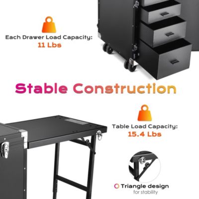 Aluminum Rolling Makeup Train Case with Table Salon Nail Trolley Cosmetic Organizer Black