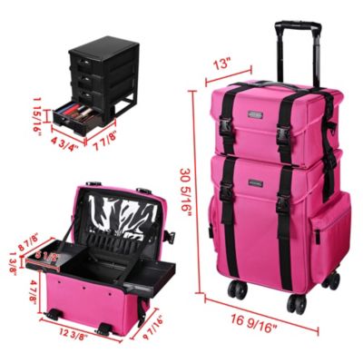 Deep Pink 2in1 Rolling Makeup Case Soft Sided Cosmetic Organizer 1680D