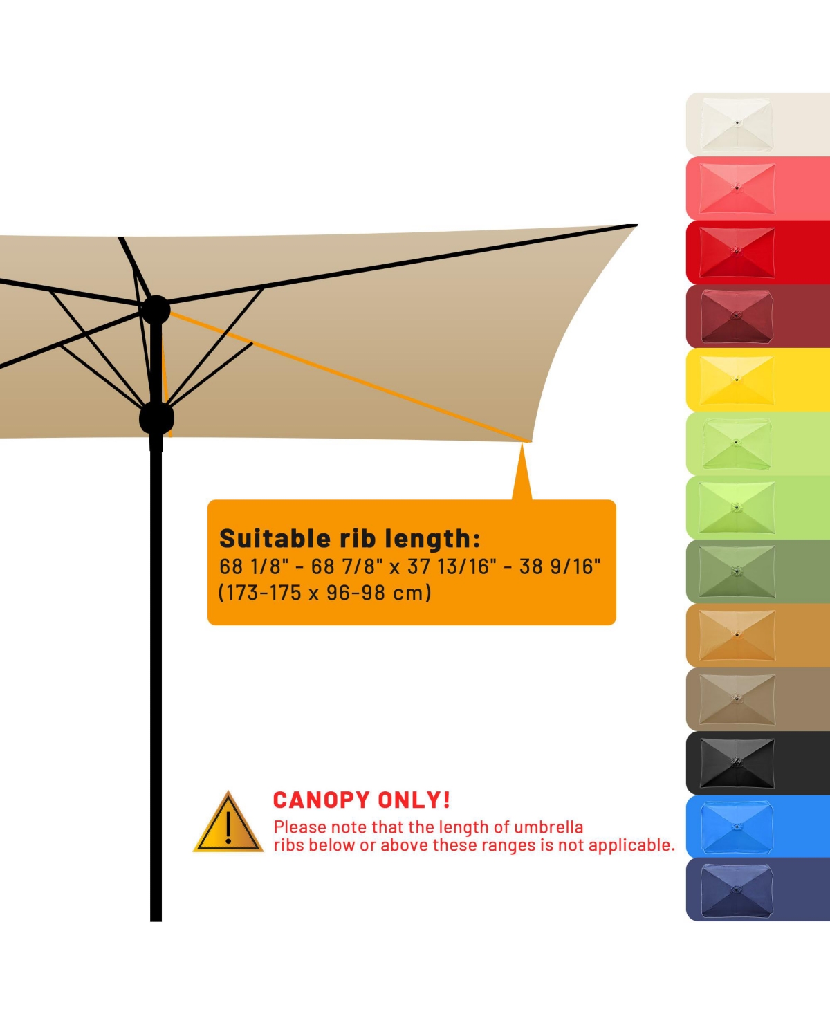 Rectangle Replacement Patio Umbrella Canopy Parasol Top Cover for 6 Ribs 6.5x10ft Umbrella
