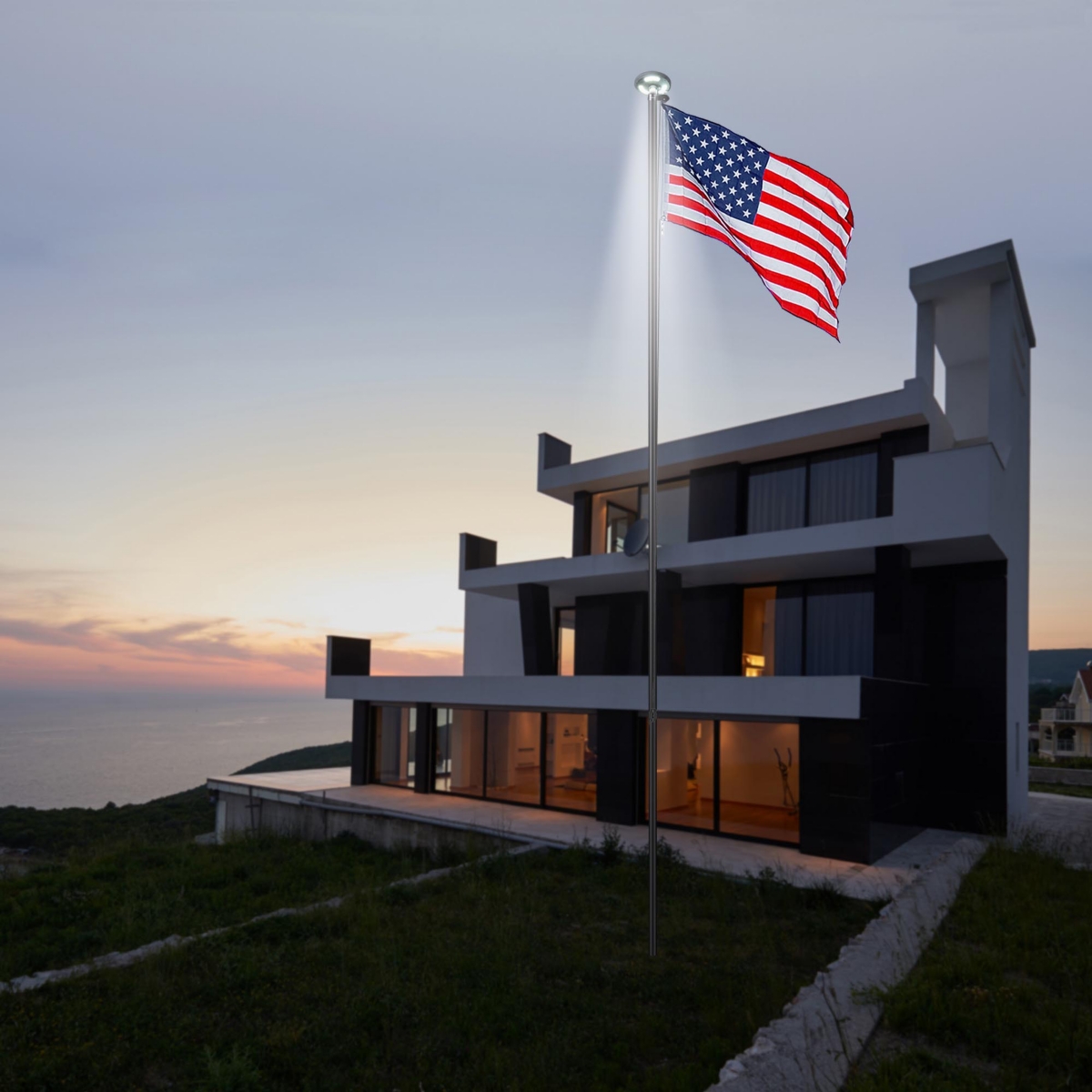 30 Ft Sectional Aluminum Flag Pole Kit with 111 Led Solar Light Us Flag Outdoor