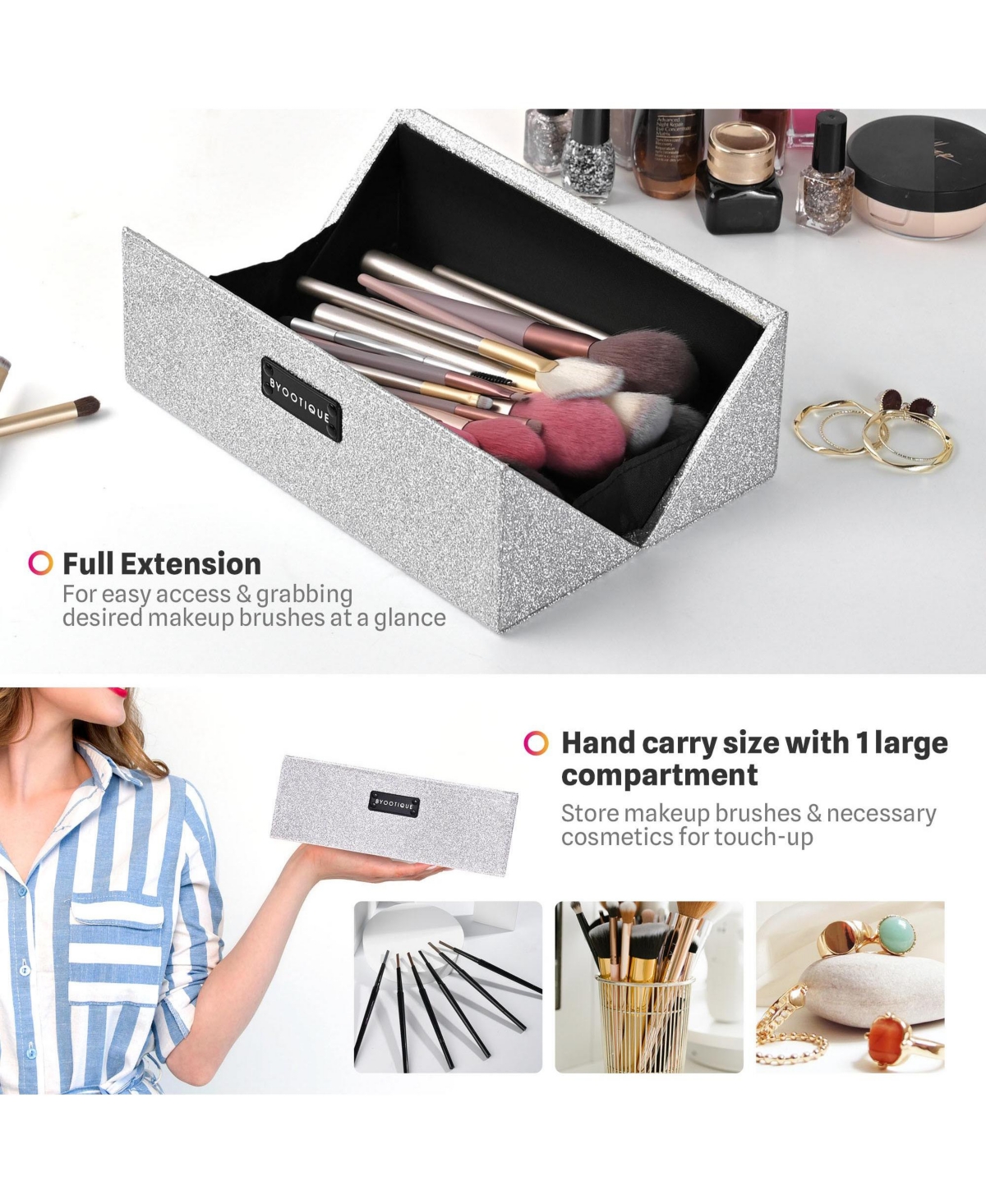 Byootique Makeup Brush Holder Case Pu Cosmetic Organizer TravelGlitter - Silver