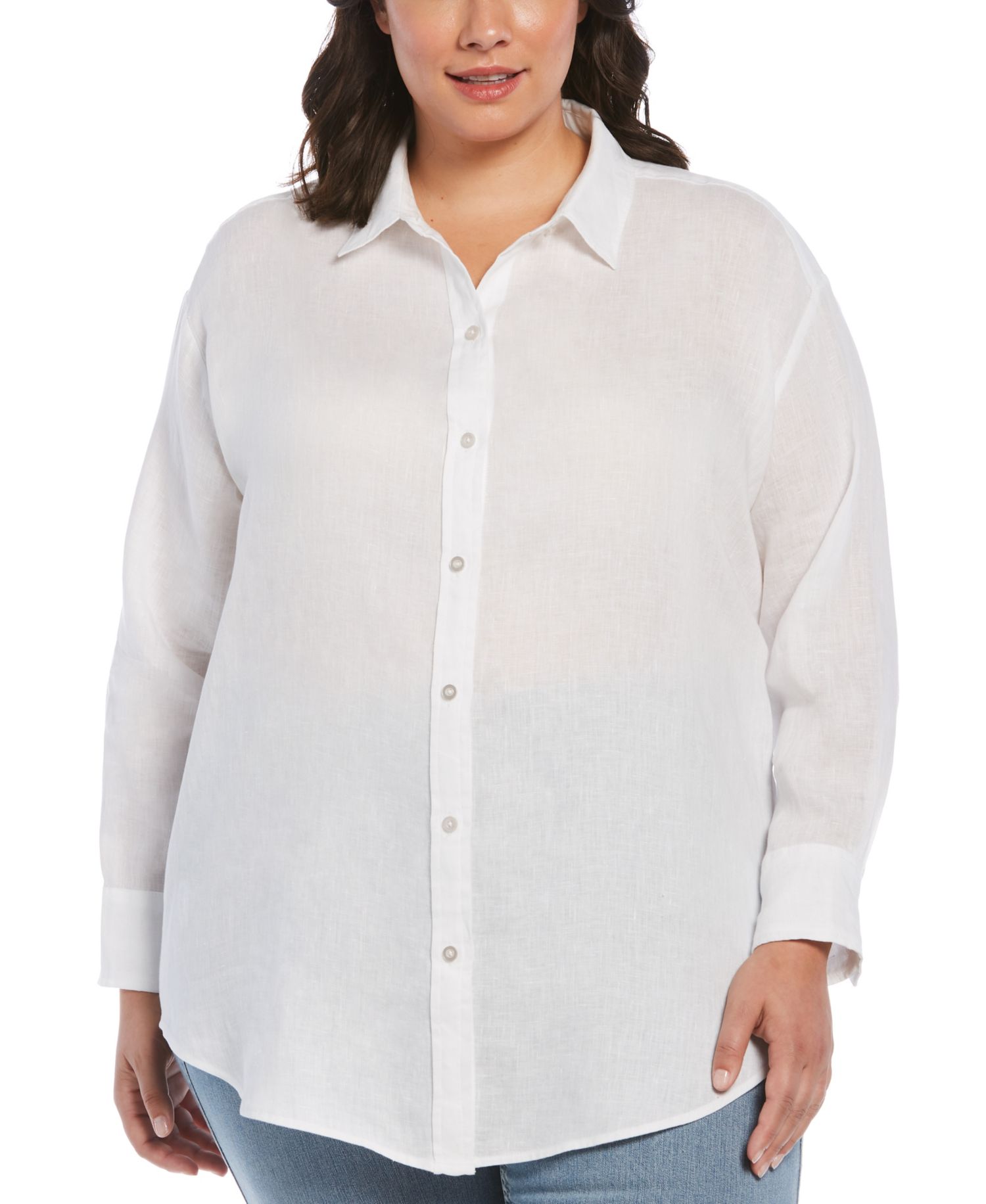 Plus Size 100% Linen Easy Long Sleeve Button-Down Shirt