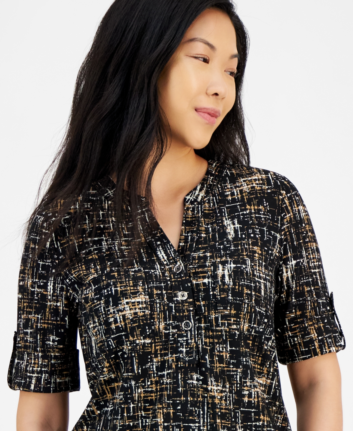 Ak Anne Klein Petite Printed Split-Neck Roll-Tab-Sleeve Top -v