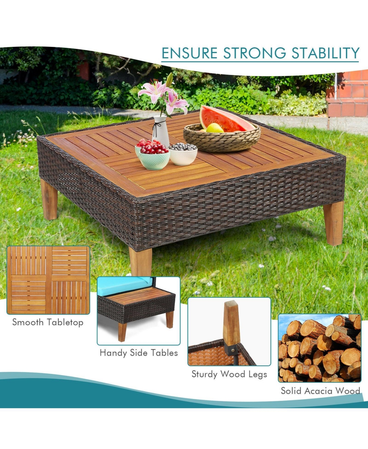 Inolait 4 Pieces Patio Cushioned Rattan Furniture Set with Wooden Side Table