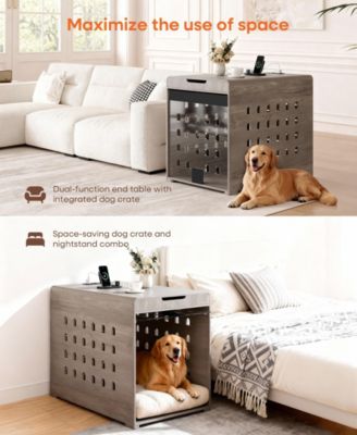 Dog Crate End Table with Charging Station, Furniture Style Pet Crate Nightstand for Medium to Large Dogs