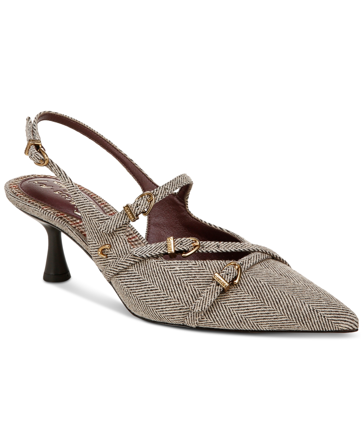 Women's Fraya Pointed-Toe Buckled Strappy Kitten-Heel Pumps - Brown/Natural Tweed Multi