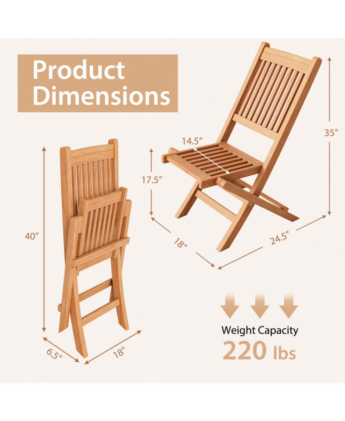 Teak Wood Patio Folding Dining Chair with Slatted Seat
