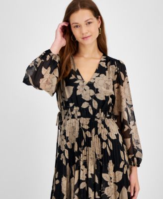 Women's Floral Chiffon V-Neck Pleated Dress