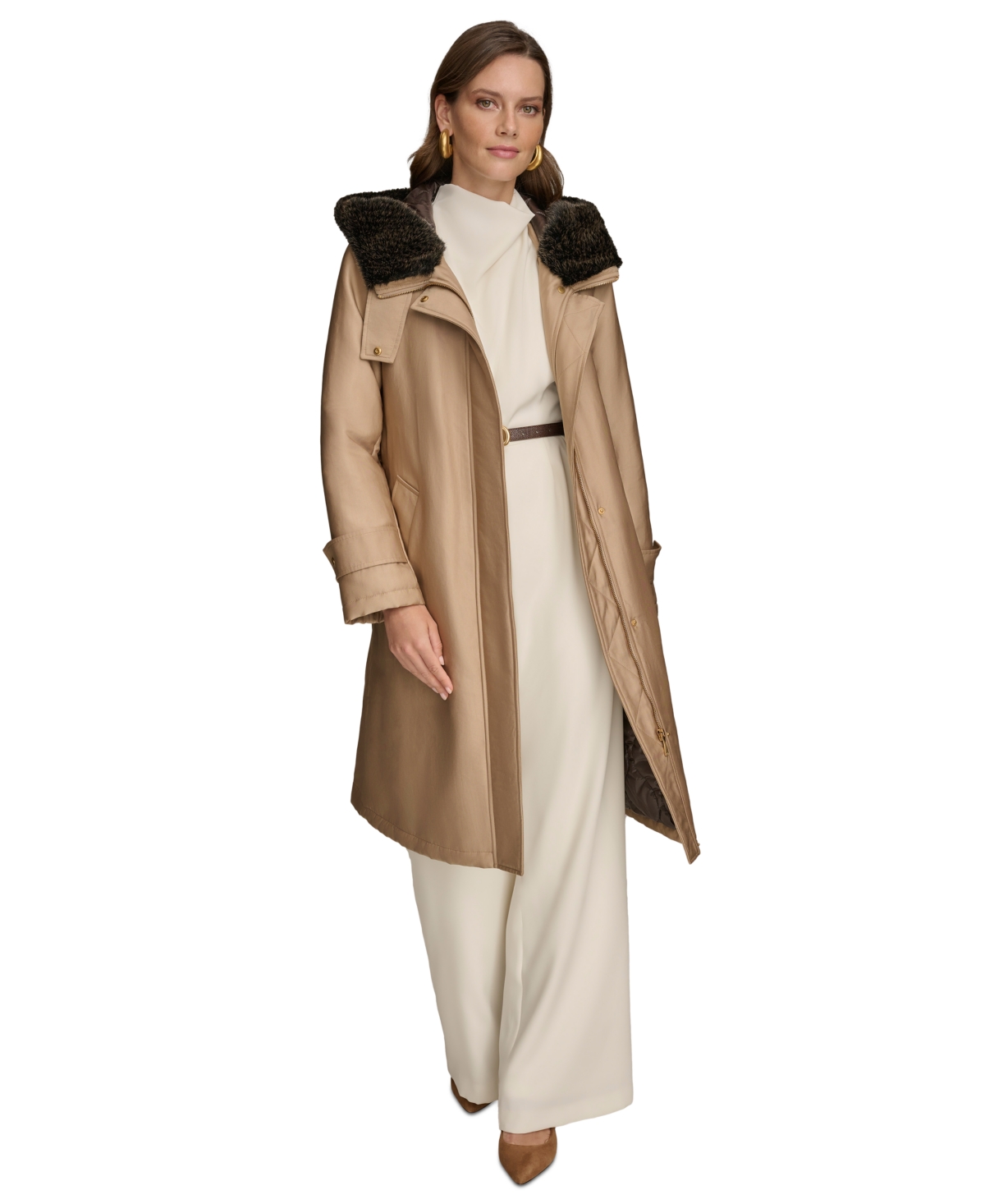 Donna Karan New York Women's Faux-Fur-Trim Hooded Raincoat