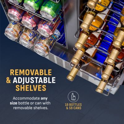 24" Built-in Dual Zone 18 Bottle and 58 Can Wine and Beverage Fridge in Stainless Steel with French Doors and Chrome Shelves