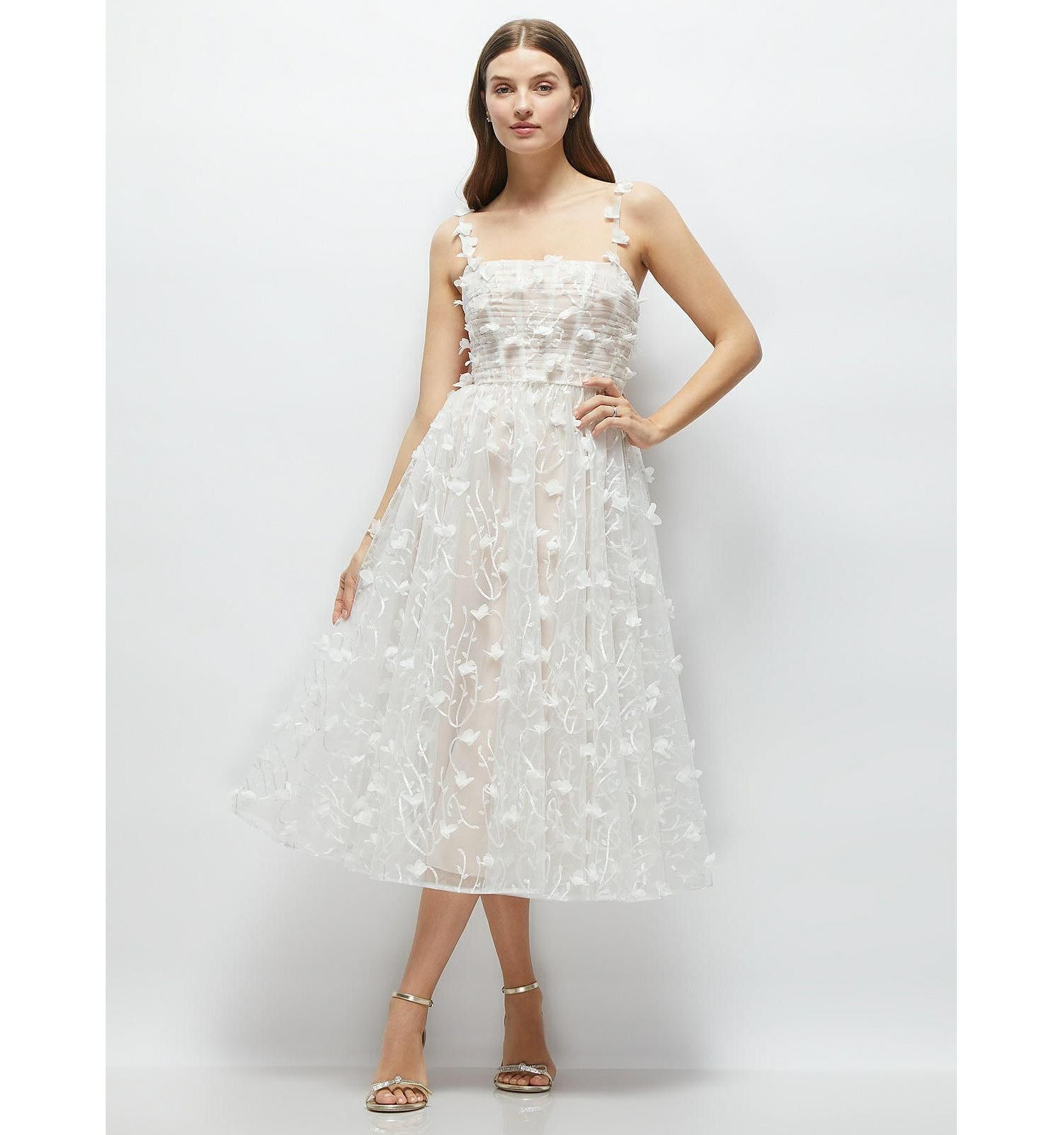 Women's 3D Embroidered Little White Midi Dress with Nude Corset Underlay