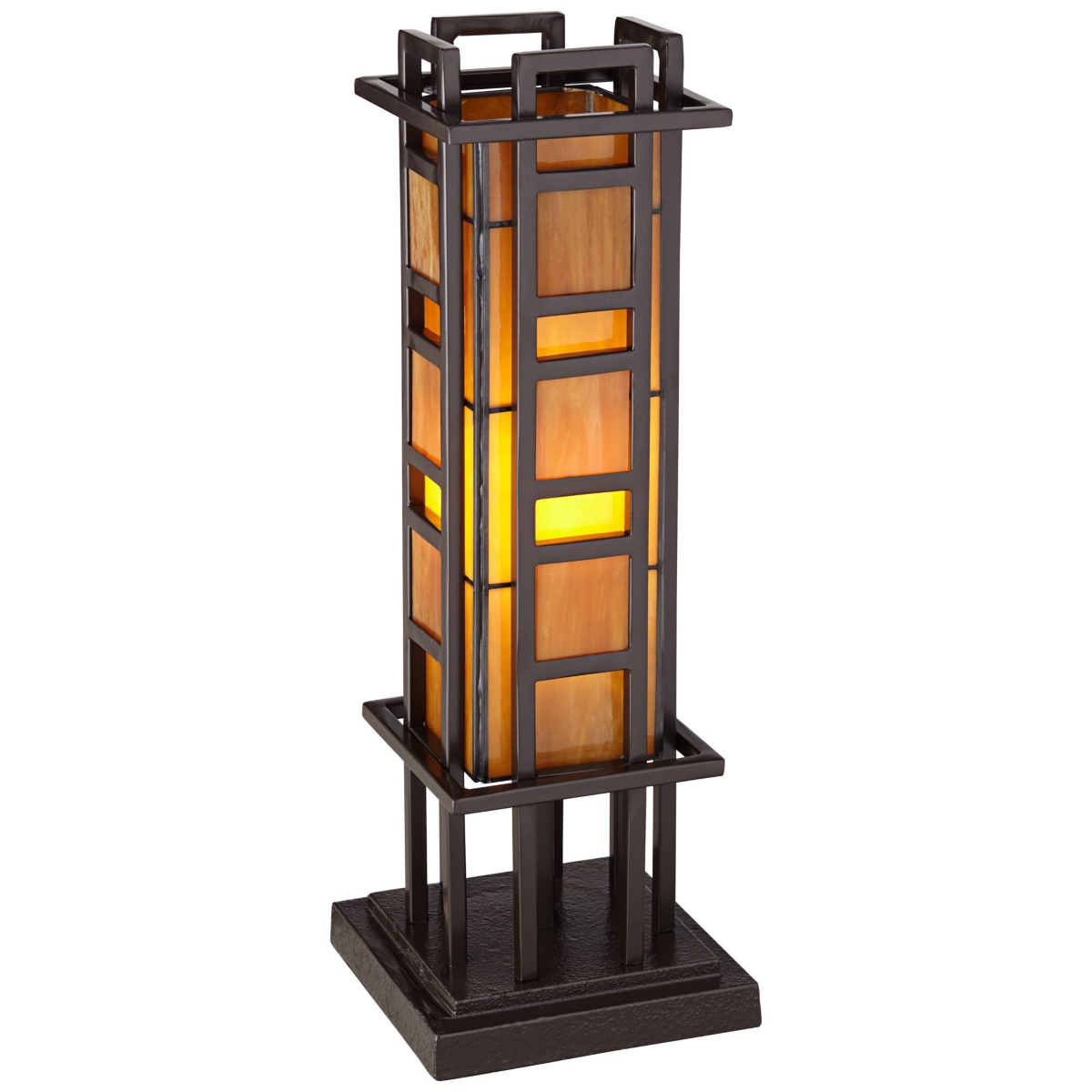 Prairie Style Mission Rustic Pillar Accent Table Lamp Bronze Iron Column Hand-Cut Amber Stained Art Glass for Living Room Bedroom House Bedside Nights