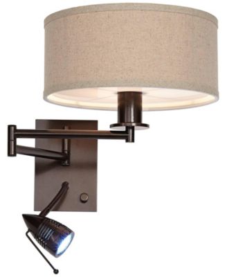 Radix Modern Swing Arm Wall Lamp Bronze with Cord Cover LED Reading Light Plug-in Light Fixture Oatmeal Shade for Bedroom Bedside