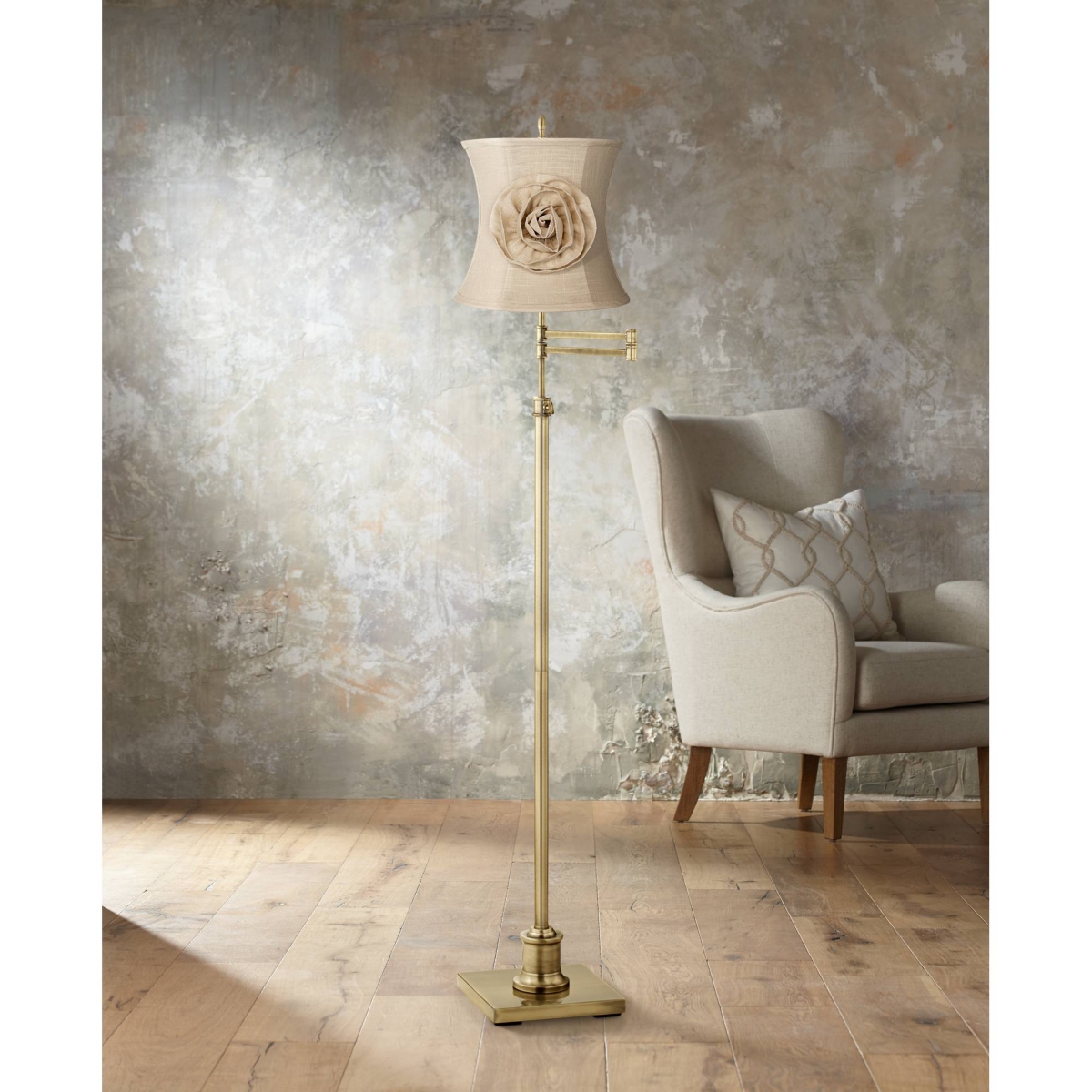 Almond Linen with Flower Small Drum Lamp Shade Top x Bottom x High (Spider) Replacement with Harp and Finial - Spring crest