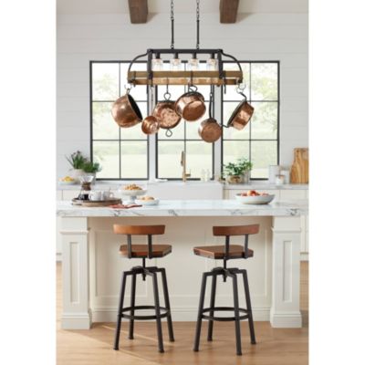 Eldrige Bronze Wood Finish Pot Rack Linear Pendant Chandelier Lighting 36 1/2" Wide Rustic Farmhouse Clear Seed Glass 4-Light Fixture Kitchen Island Dining Room House