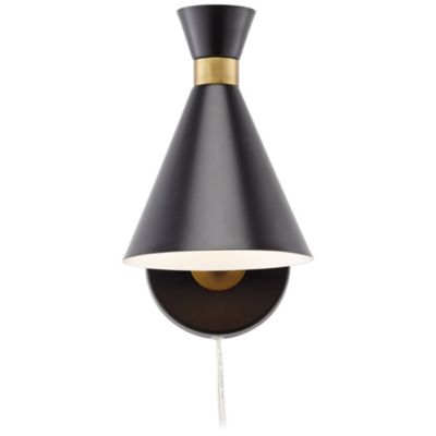 Venice Mid Century Modern Wall Lamp Matte Black Brass Plug-in 6 1/4" Light Fixture Adjustable Metal Cone Shade for Bedroom Living Room