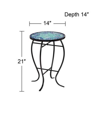 Black Round Outdoor Accent Side Tables 14" Wide Set of 2 Blue Wave Mosaic Tabletop Front Porch Patio Home House