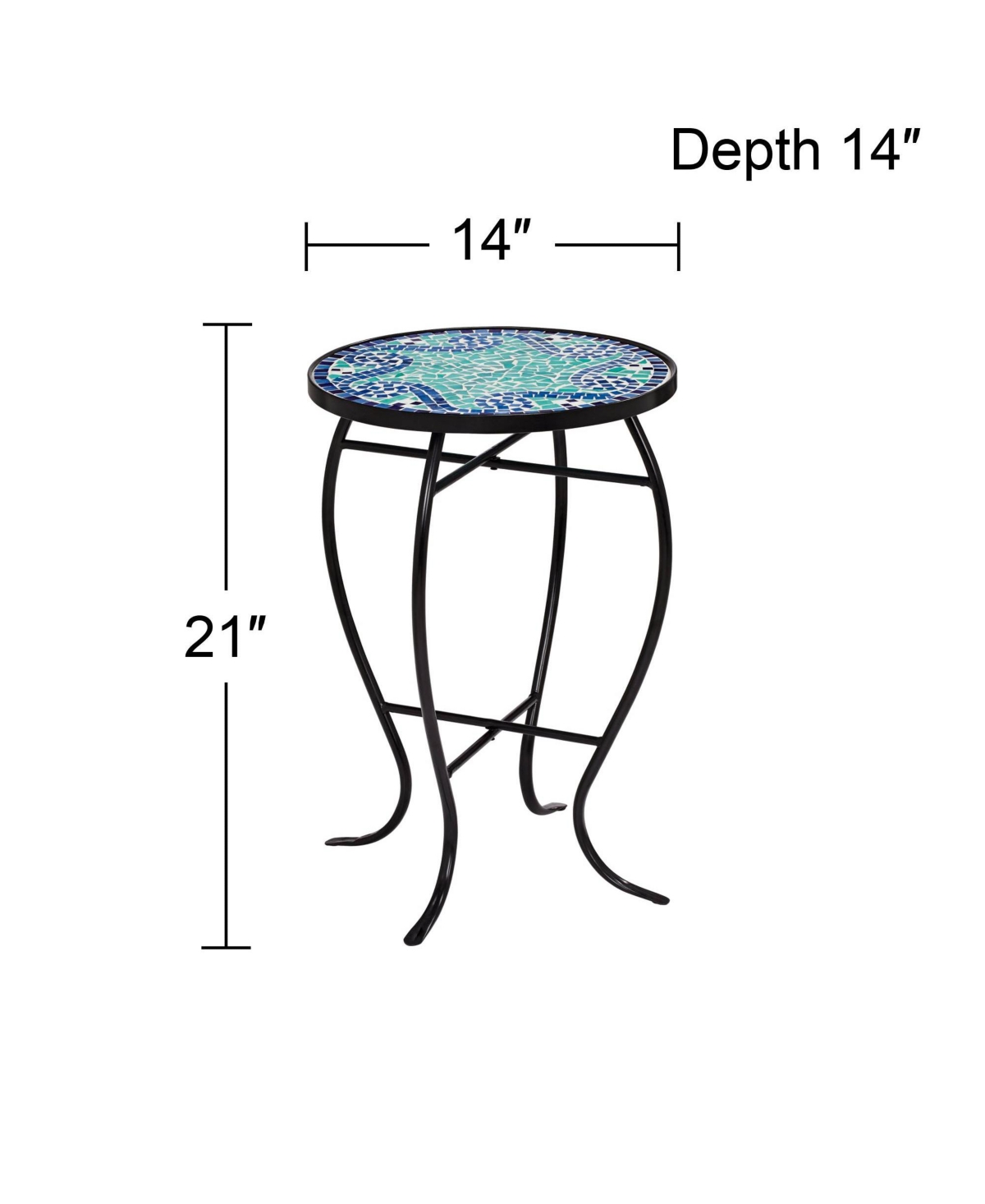 Ocean Wave Black Metal Round Outdoor Accent Side Tables Wide Set of 2Mosaic Tile Tabletop Gracefully Curved Legs for Spaces Porch Patio Home